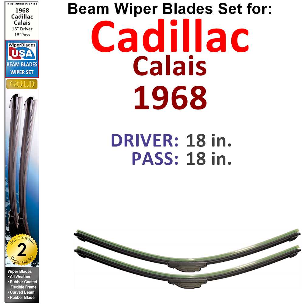 Set of two Beam Wiper Blades designed for 1968 Cadillac Calais, showcasing their flexible and durable construction.