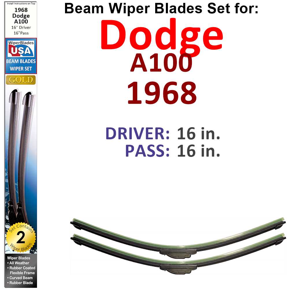 Set of two Beam Wiper Blades designed for 1968 Dodge A100, showcasing their flexible and durable construction.