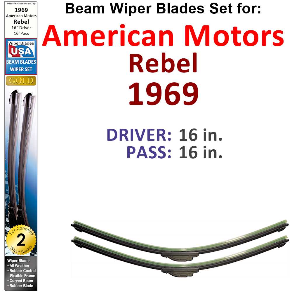 Set of two Beam Wiper Blades designed for 1969 American Motors Rebel, showcasing their sleek design and durable construction.