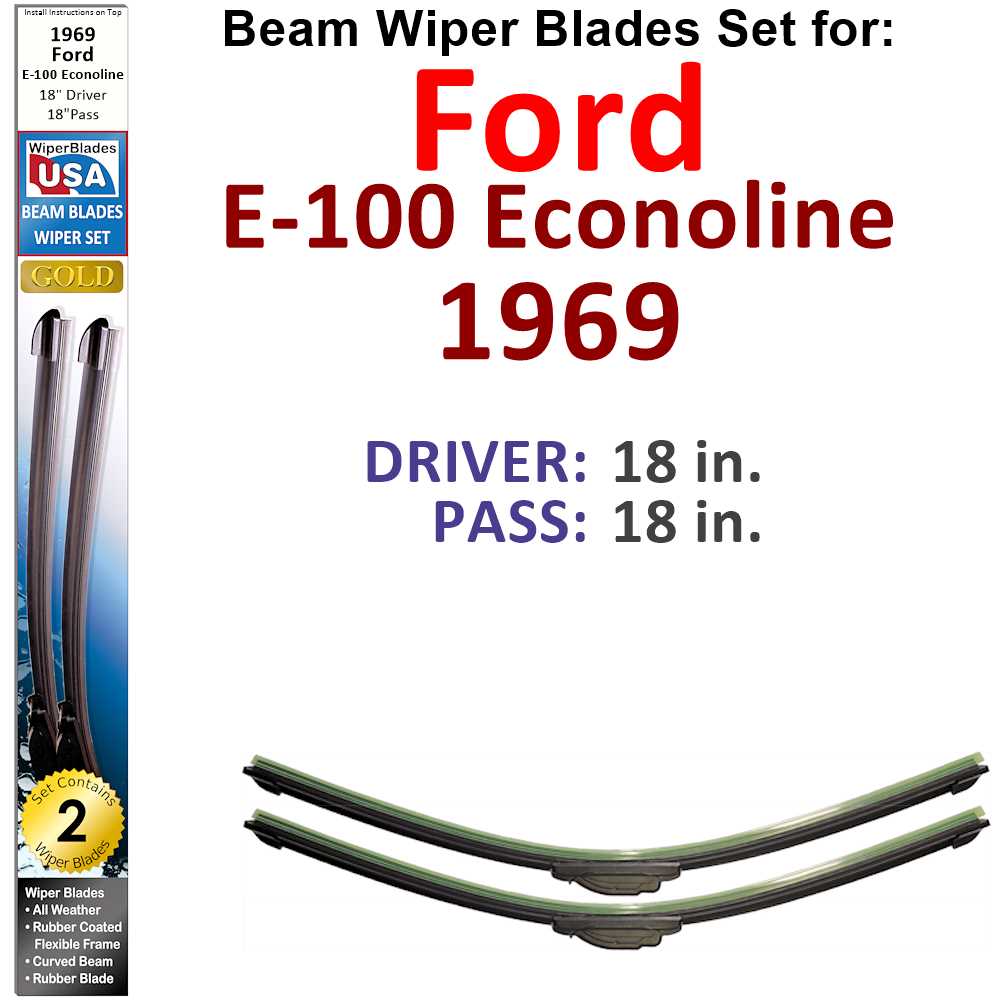 Set of 2 Beam Wiper Blades designed for 1969 Ford E-100 Econoline, showcasing their flexible and durable construction.