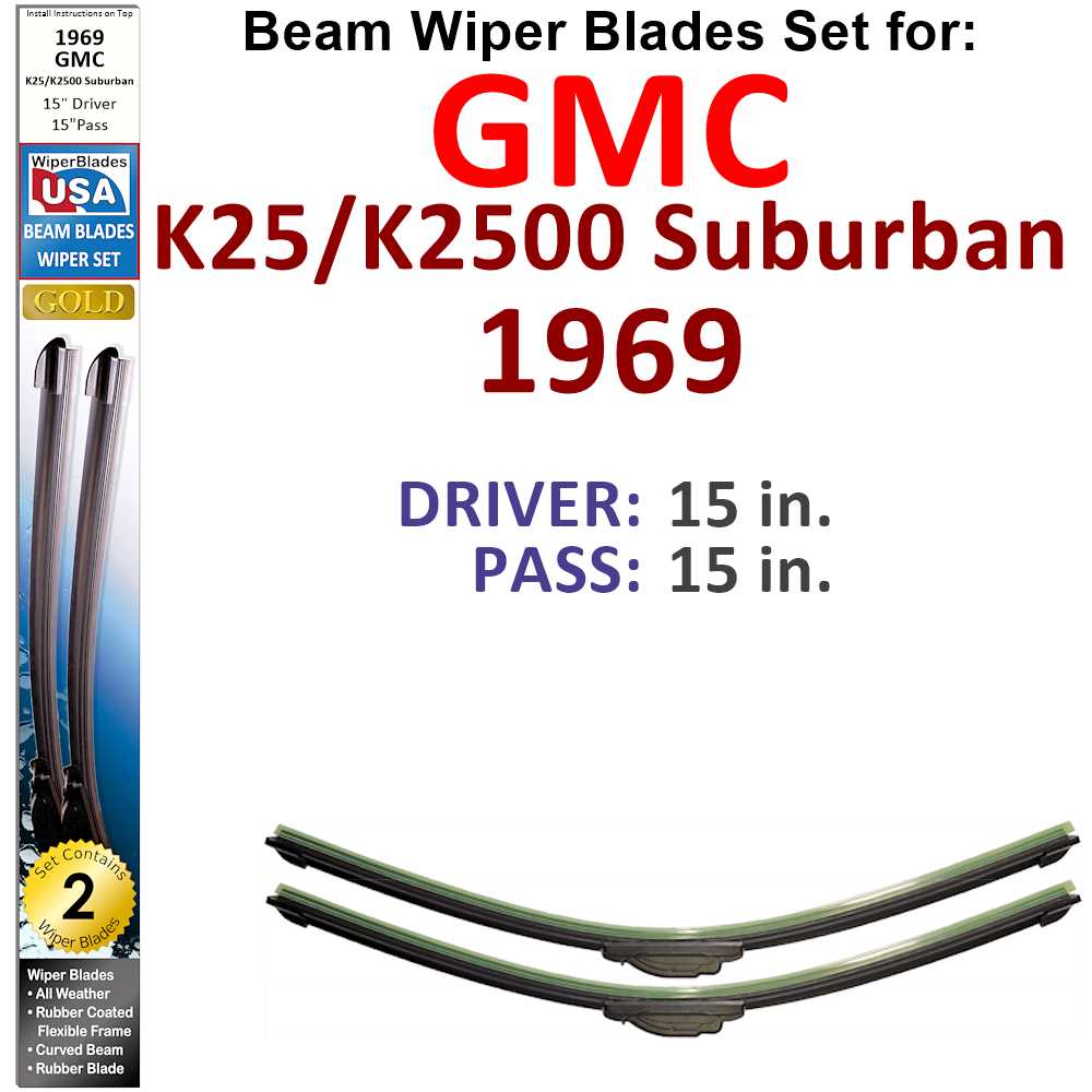 Set of 2 Beam Wiper Blades designed for 1969 GMC K25/K2500 Suburban, showcasing their flexible and durable construction.