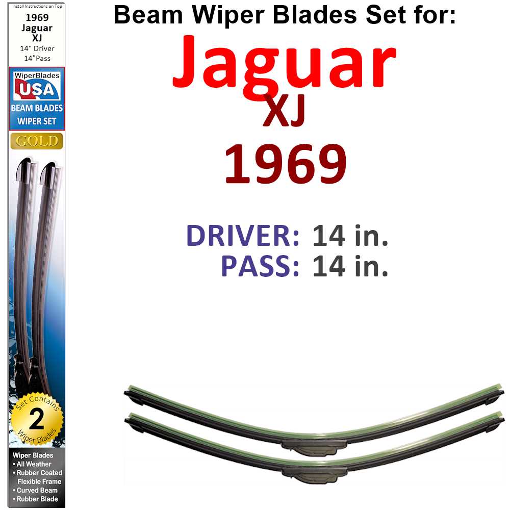 Set of two Beam Wiper Blades designed for 1969 Jaguar XJ, showcasing their flexible and durable construction.