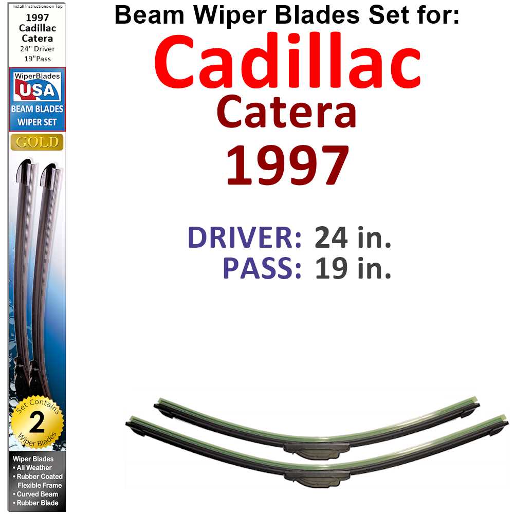 Set of two Beam Wiper Blades designed for 1997 Cadillac Catera, showcasing their sleek low-profile design and rubber-encased metal spine.