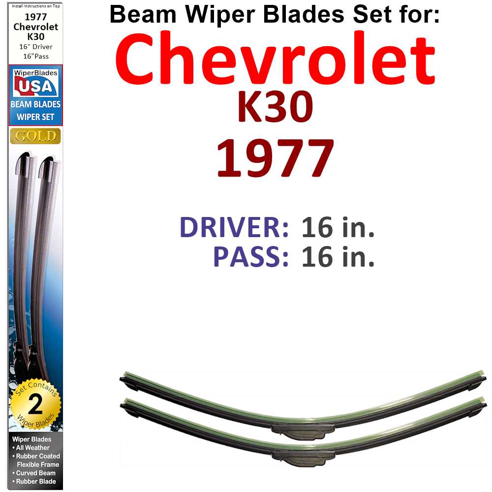Set of 2 Beam Wiper Blades designed for 1977 Chevrolet K30, showcasing their flexible and durable design.