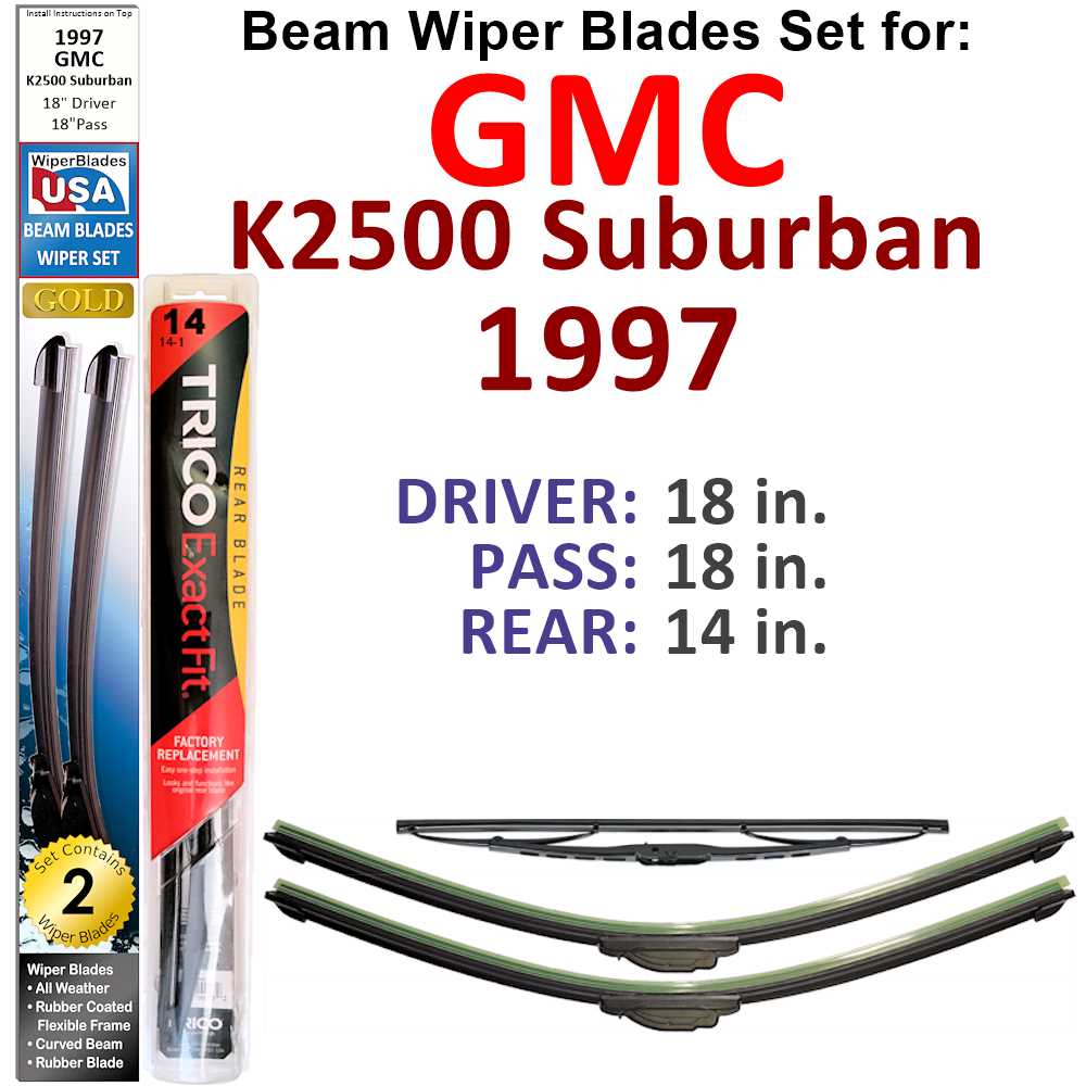 Set of 3 Beam Wiper Blades designed for 1997 GMC K2500 Suburban, showcasing their flexible and durable design.