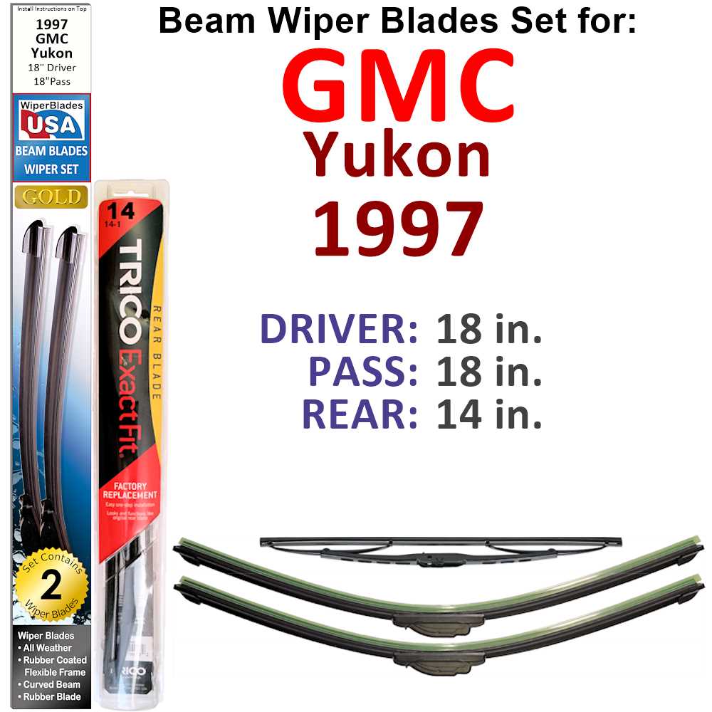 Set of 3 Beam Wiper Blades designed for 1997 GMC Yukon, showcasing their flexible and durable construction.