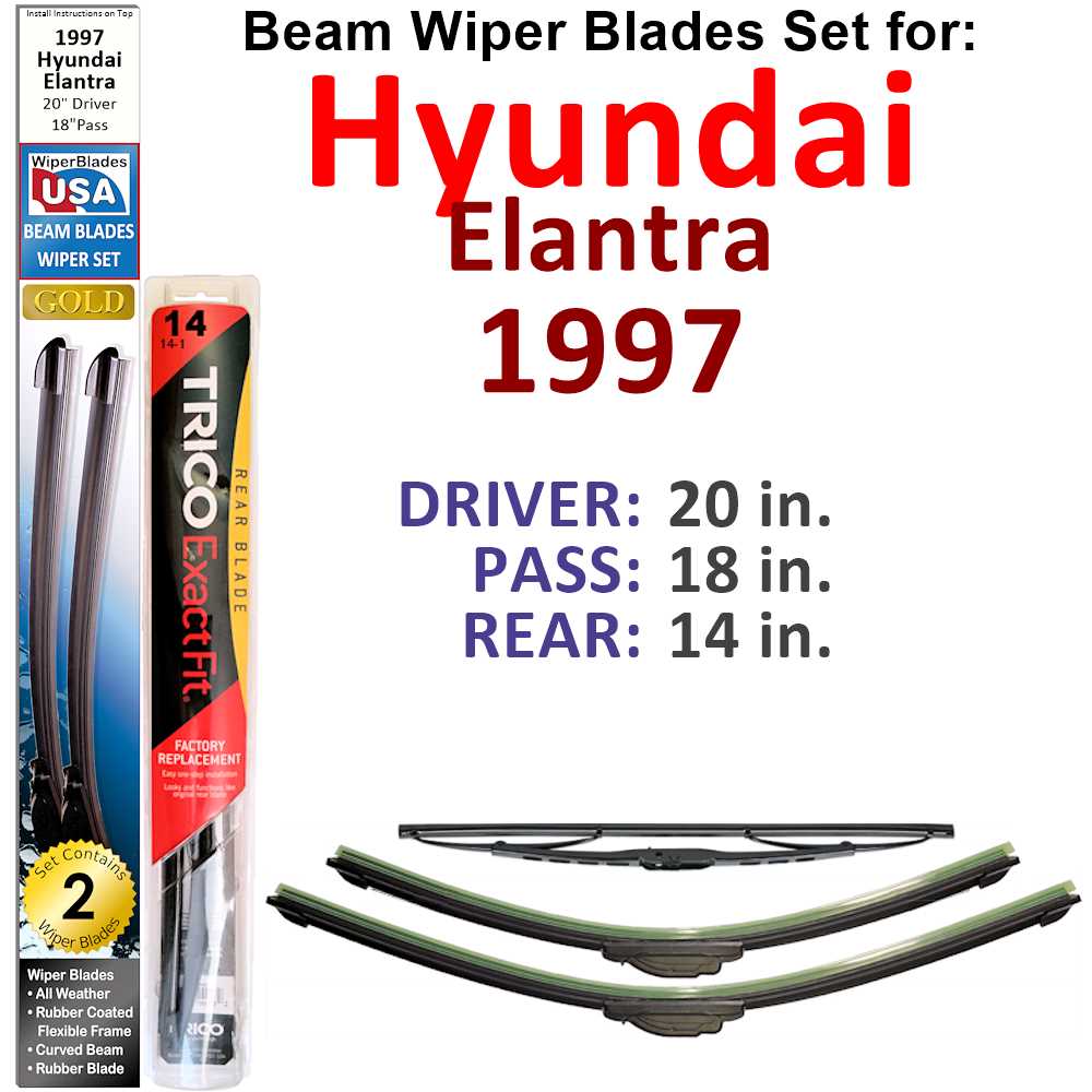 Set of 3 Beam Wiper Blades designed for 1997 Hyundai Elantra, showcasing their flexible and durable construction.