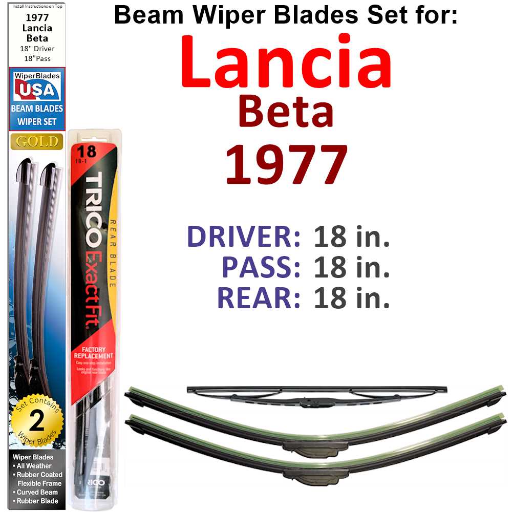 Set of 3 Beam Wiper Blades designed for 1977 Lancia Beta, showcasing their flexible and low-profile design.