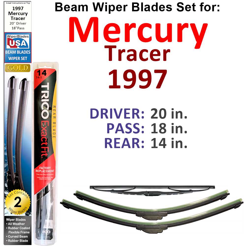 Set of 3 Beam Wiper Blades designed for 1997 Mercury Tracer, showcasing their flexible and durable construction.