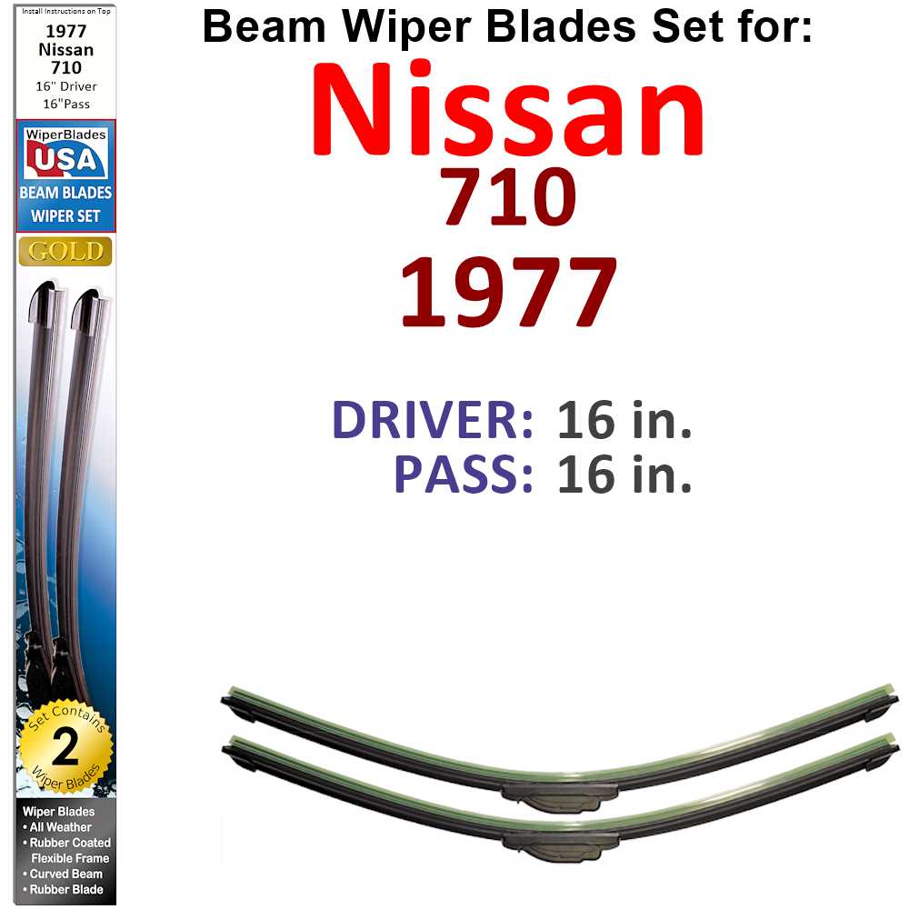Set of 2 Beam Wiper Blades designed for 1977 Nissan 710, featuring a low-profile design and rubber-encased metal spine for durability.
