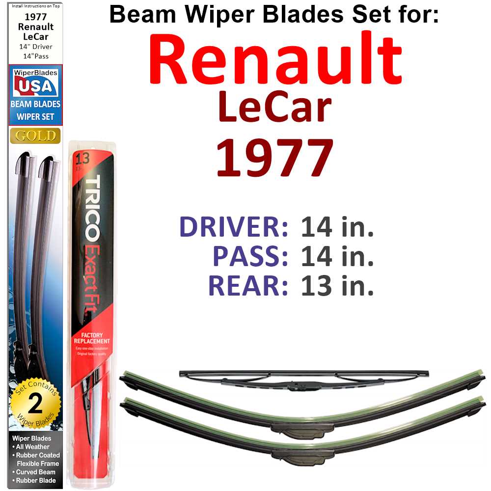 Set of 3 Beam Wiper Blades designed for 1977 Renault LeCar, showcasing their flexible and durable construction.