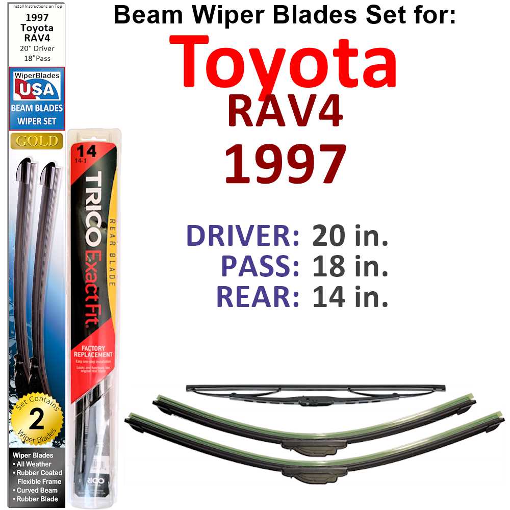 Set of 3 Beam Wiper Blades designed for 1997 Toyota RAV4, showcasing their flexible and durable design.