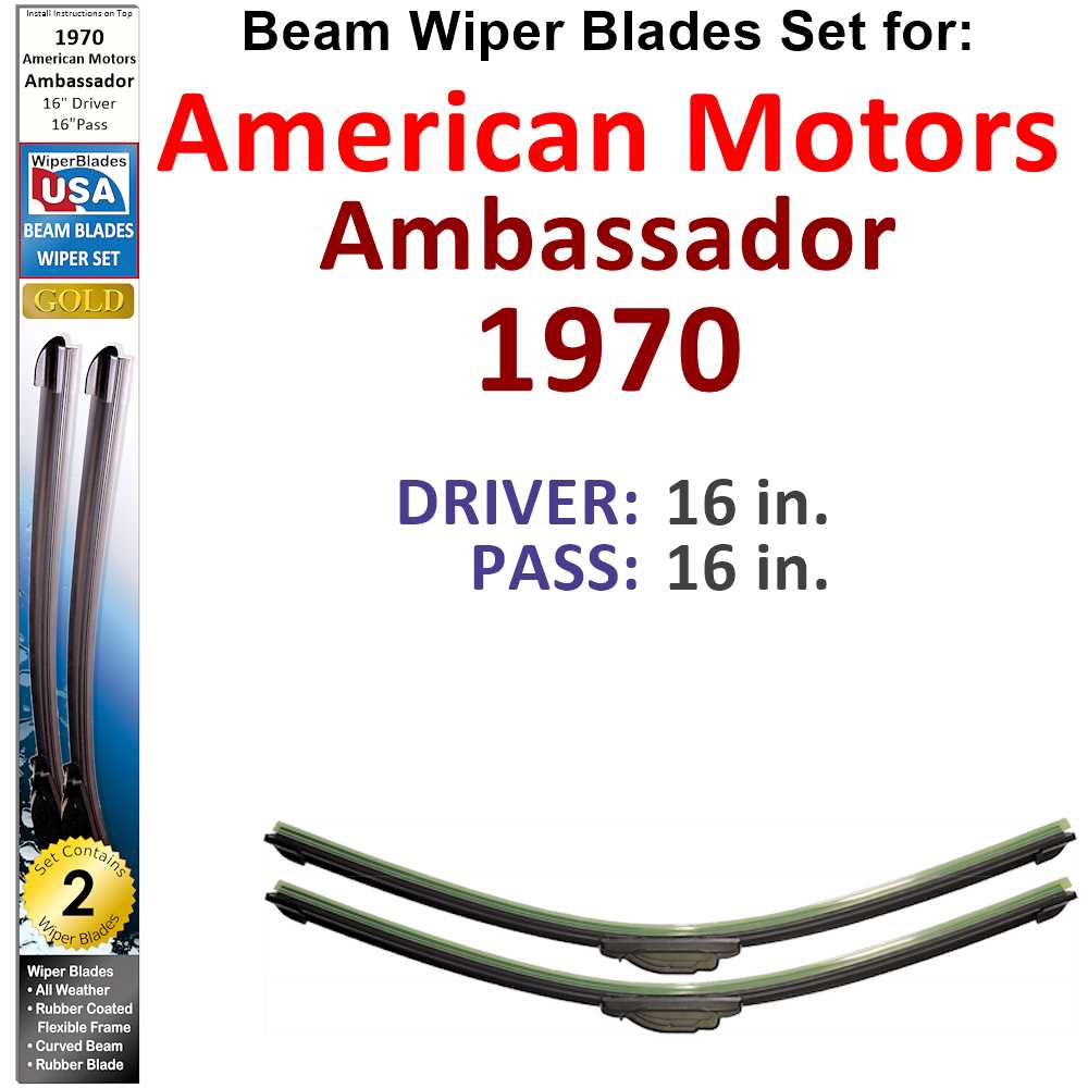 Set of two Beam Wiper Blades designed for 1970 American Motors Ambassador, showcasing their flexible and durable construction.
