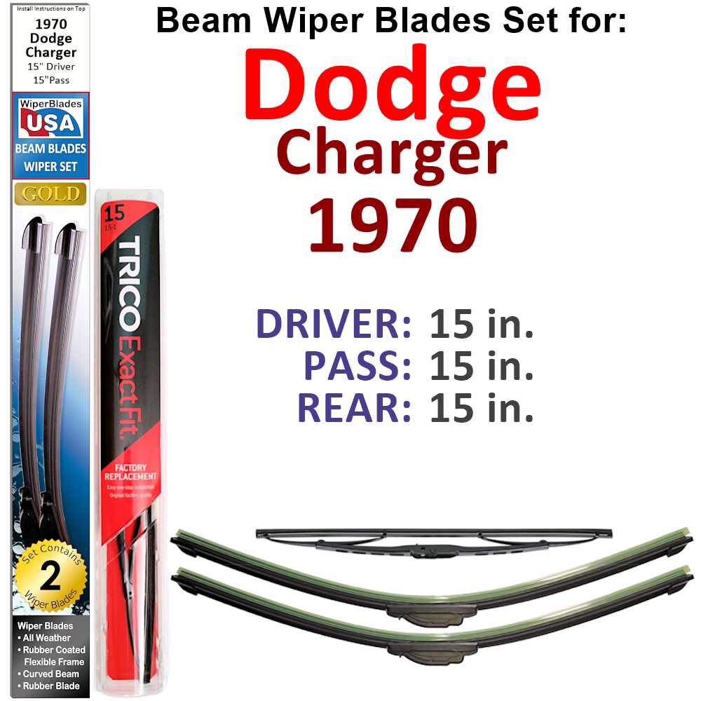 Set of 3 Beam Wiper Blades designed for 1970 Dodge Charger, showcasing their flexible and durable construction.