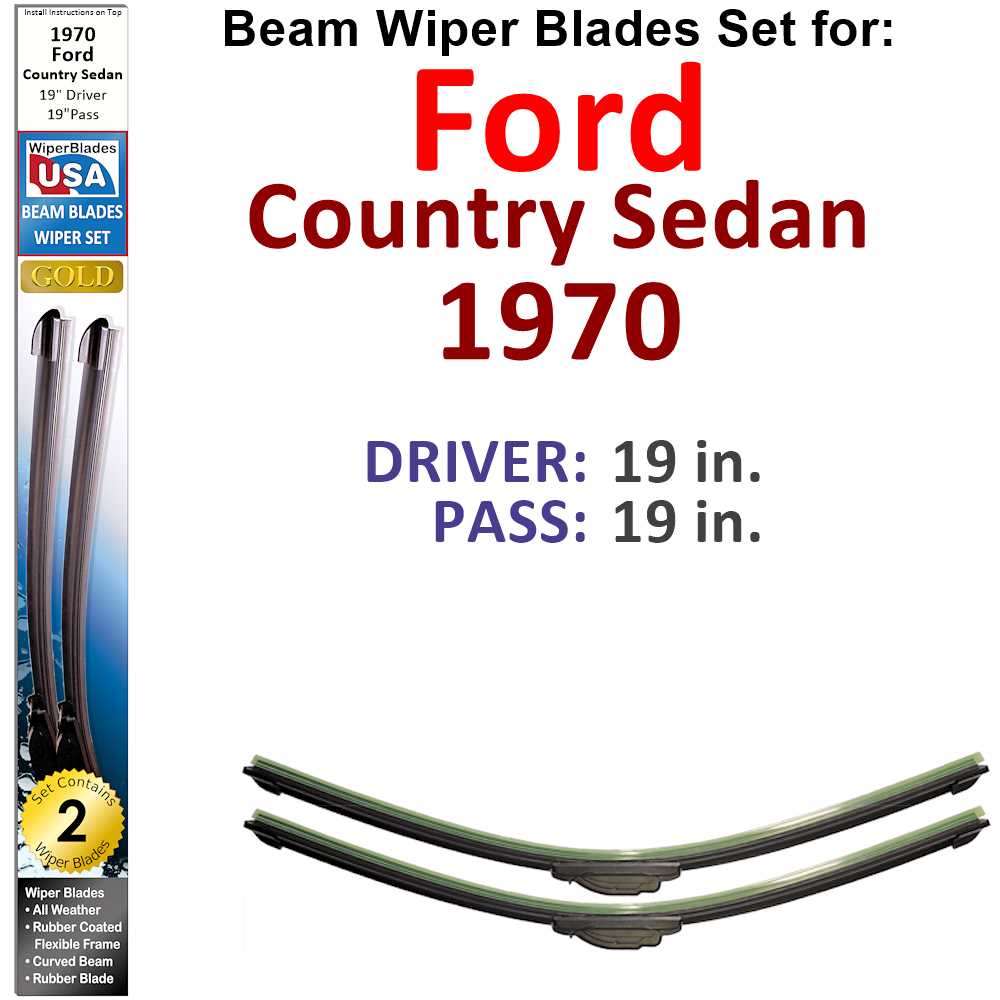 Set of 2 Beam Wiper Blades designed for 1970 Ford Country Sedan, showcasing their flexible and durable construction.