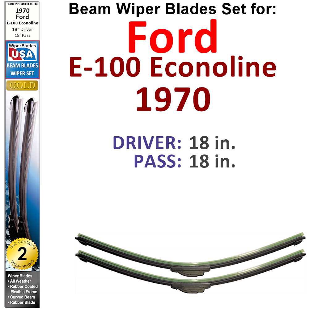 Set of 2 Beam Wiper Blades designed for 1970 Ford E-100 Econoline, showcasing their flexible and durable design.