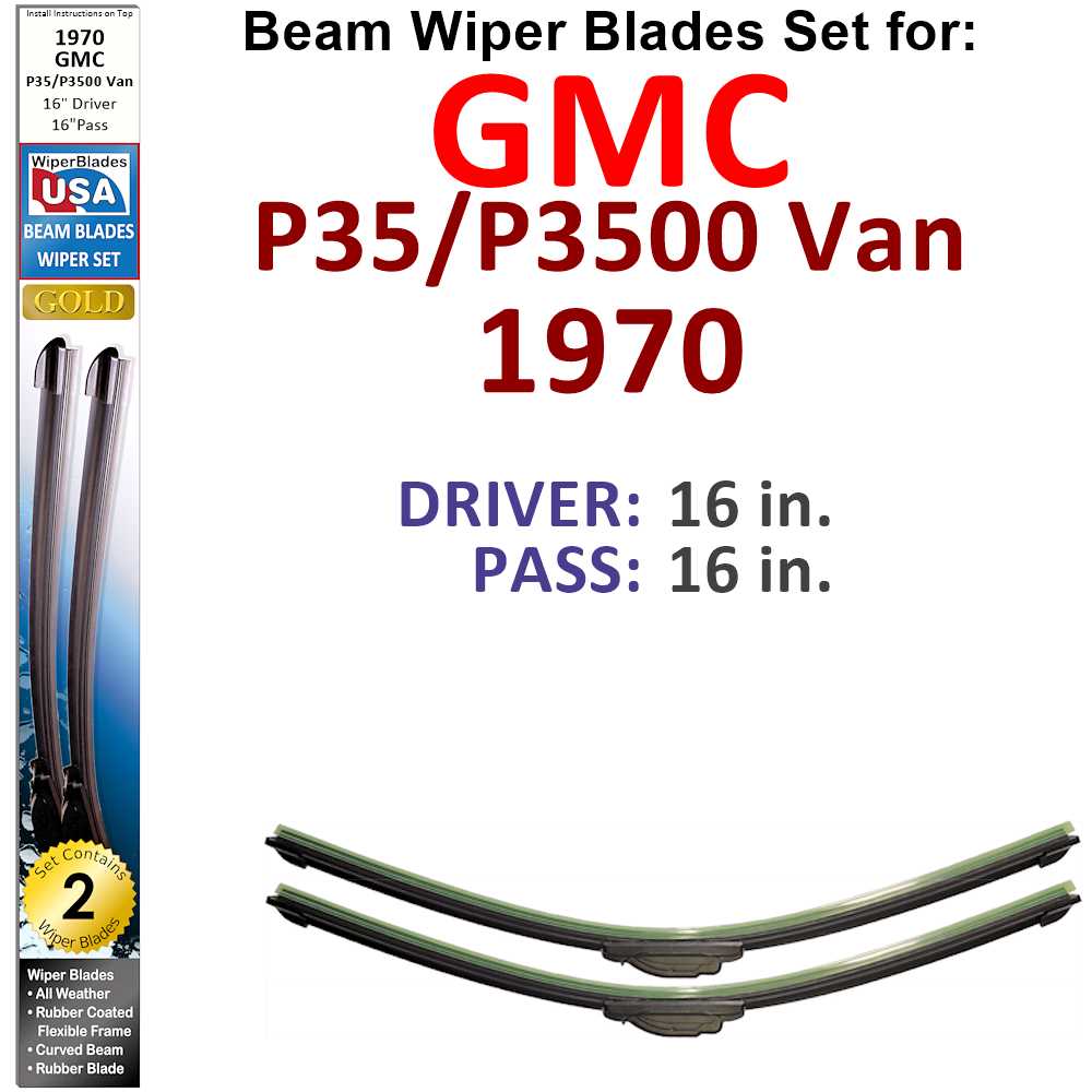 Set of 2 Beam Wiper Blades designed for 1970 GMC P35/P3500 Van, showcasing their flexible and durable construction.