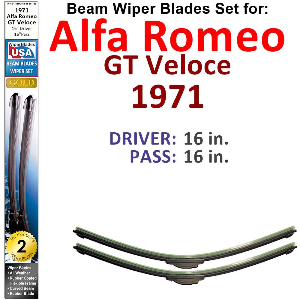 Set of 2 Beam Wiper Blades designed for 1971 Alfa Romeo GT Veloce, showcasing their flexible and durable design.
