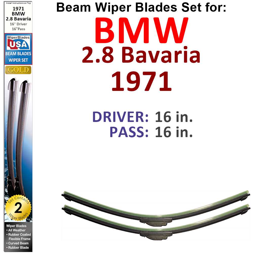 Set of two Beam Wiper Blades designed for 1971 BMW 2.8 Bavaria, showcasing their flexible and durable construction.