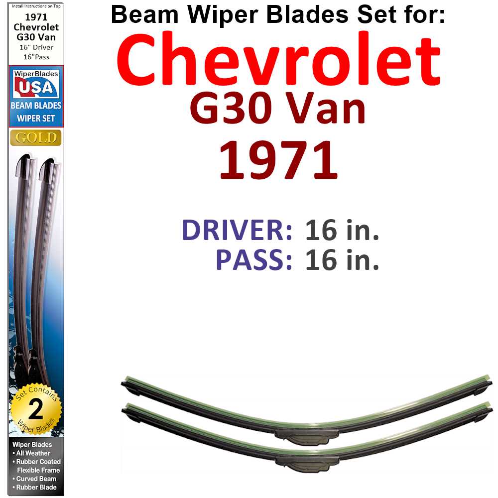 Set of 2 Beam Wiper Blades designed for 1971 Chevrolet G30 Van, showcasing their flexible and durable construction.