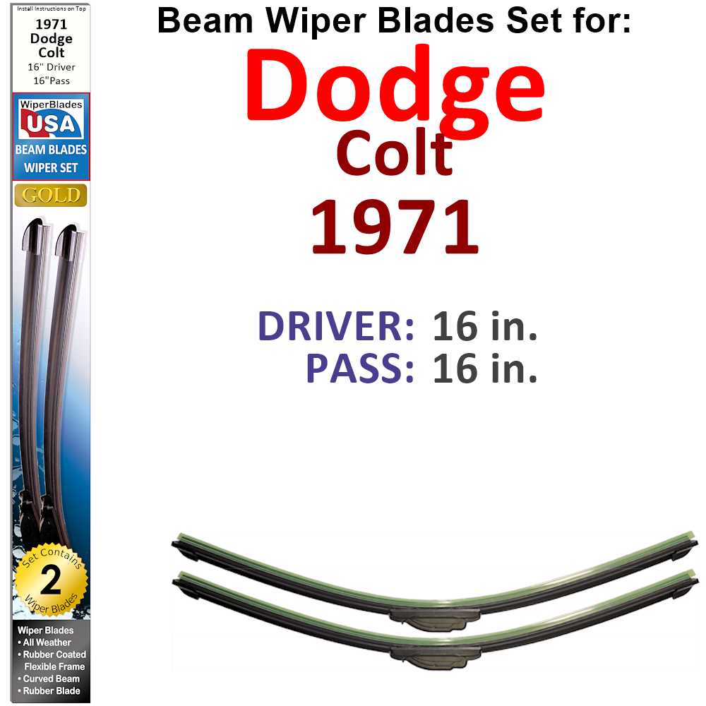 Set of two Beam Wiper Blades designed for 1971 Dodge Colt, featuring a low-profile design and rubber-encased metal spine for durability.
