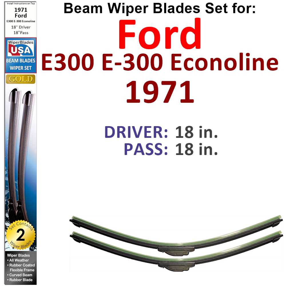 Set of 2 Beam Wiper Blades designed for 1971 Ford E300 E-300 Econoline, showcasing their low-profile and flexible design.