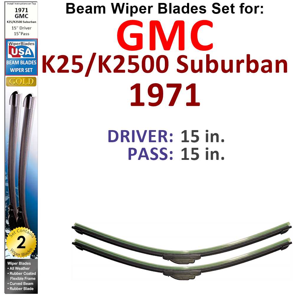 Set of 2 Beam Wiper Blades designed for 1971 GMC K25/K2500 Suburban, showcasing their flexible and durable construction.