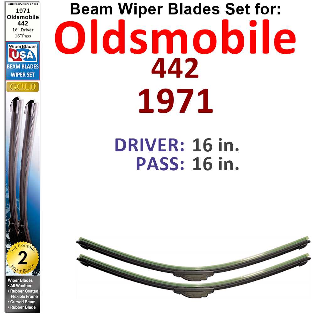 Set of 2 Beam Wiper Blades designed for 1971 Oldsmobile 442, showcasing their flexible and durable construction.