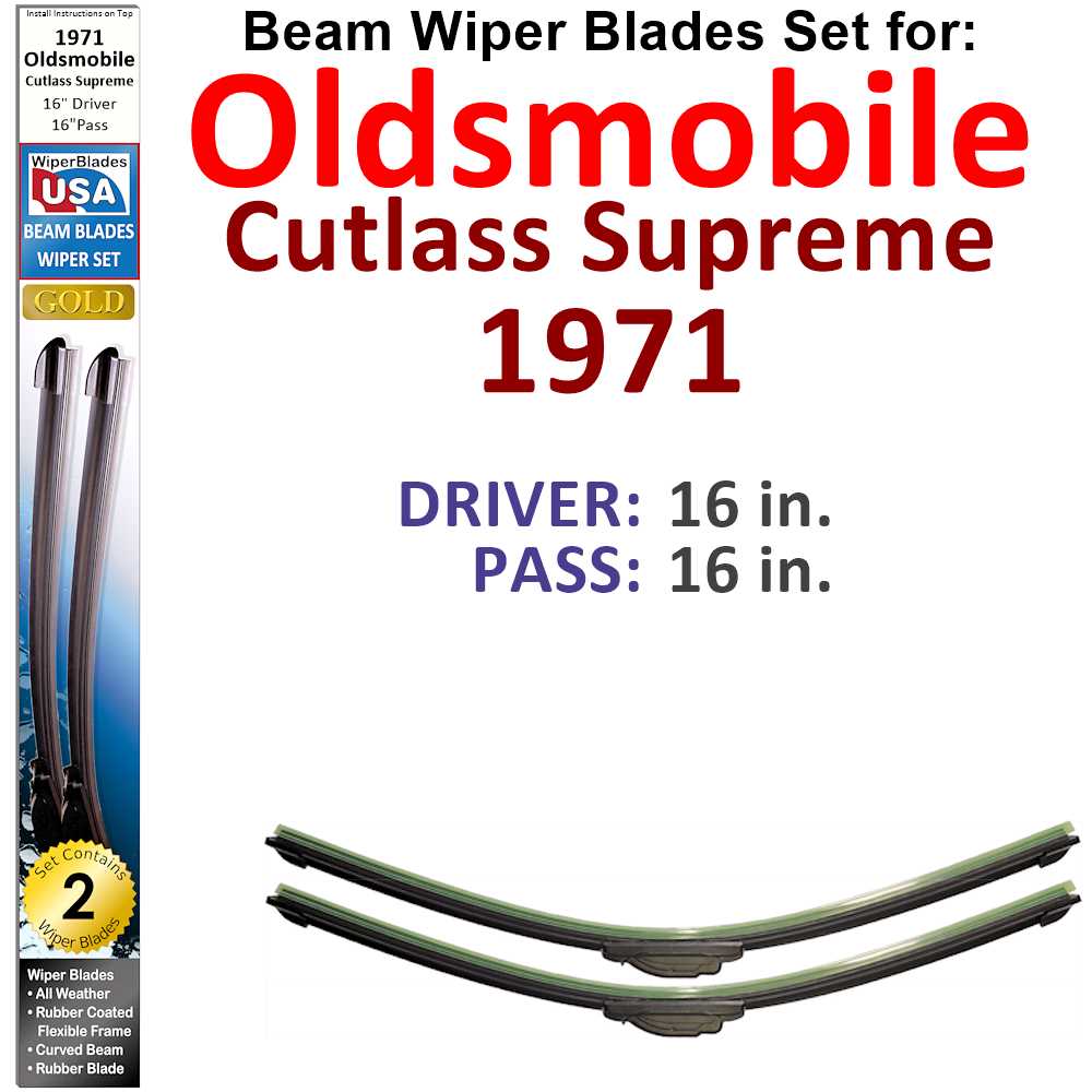 Set of two Beam Wiper Blades designed for 1971 Oldsmobile Cutlass Supreme, showcasing their flexible and sealed design for optimal performance.
