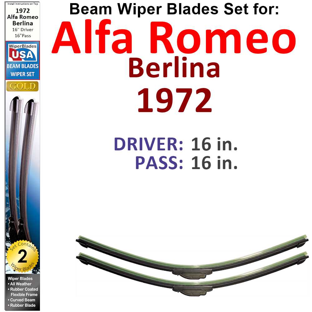 Set of two Beam Wiper Blades designed for 1972 Alfa Romeo Berlina, showcasing their flexible and durable construction.