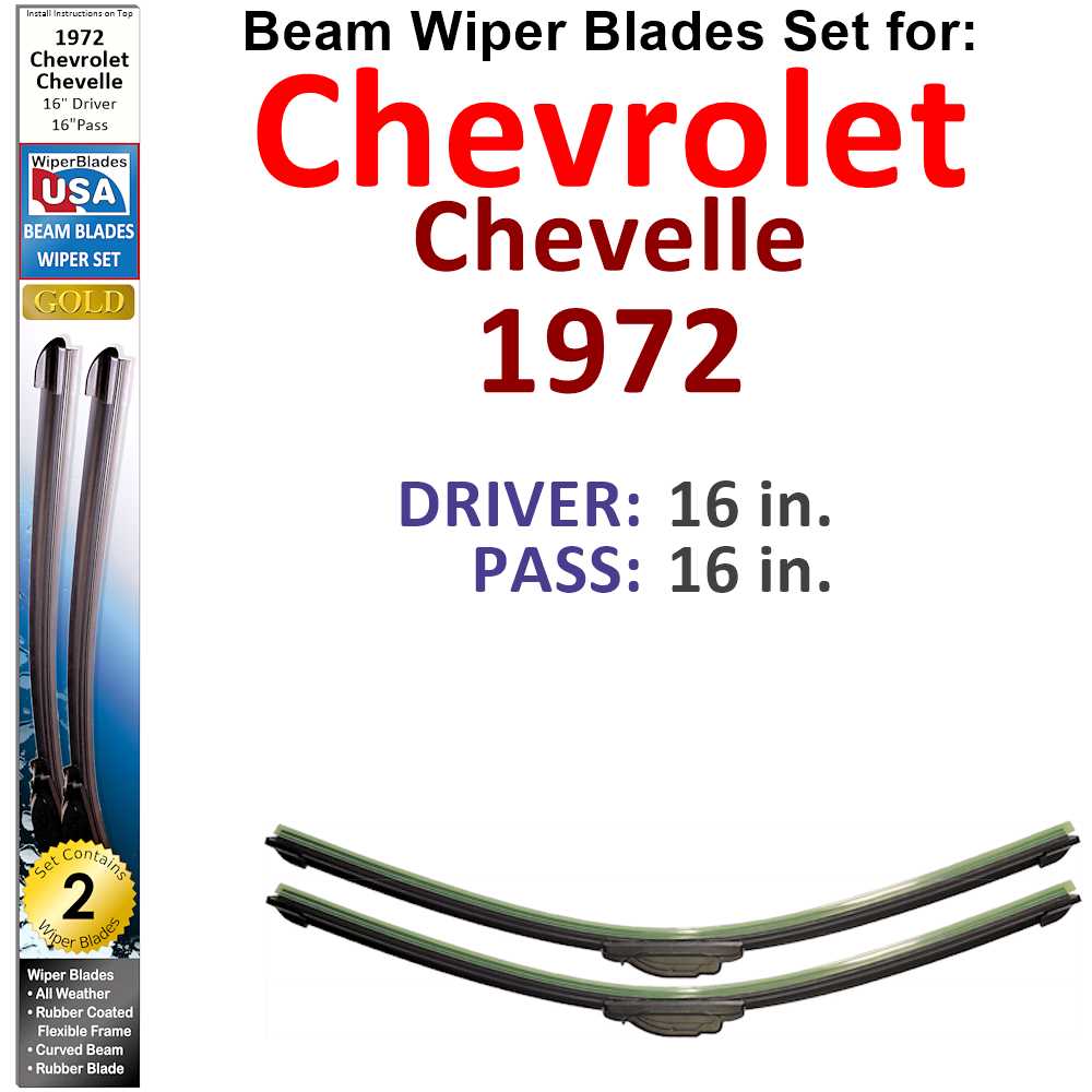 Set of 2 Beam Wiper Blades designed for 1972 Chevrolet Chevelle, showcasing their flexible and durable construction.