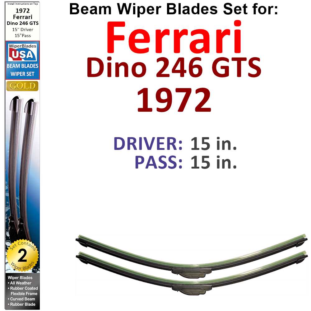 Set of two Beam Wiper Blades designed for 1972 Ferrari Dino 246 GTS, showcasing their sleek design and durable construction.