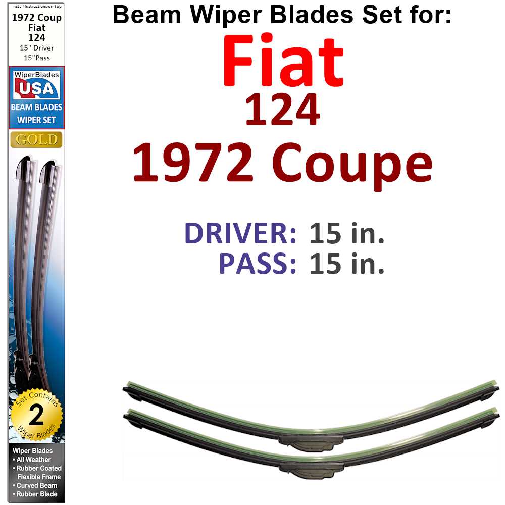 Set of two Beam Wiper Blades designed for 1972 Fiat 124 Coupe, showcasing their flexible and durable construction.