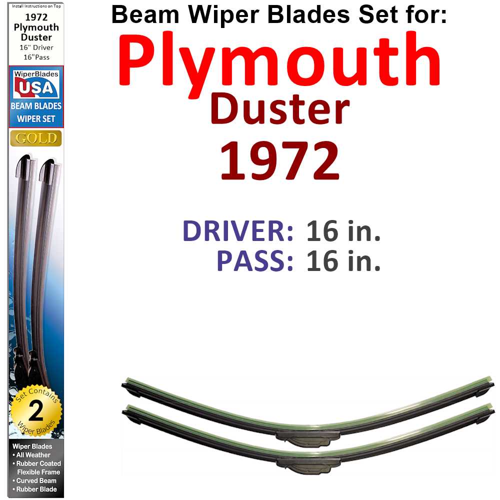 Set of two Beam Wiper Blades designed for 1972 Plymouth Duster, showcasing their flexible and durable construction.