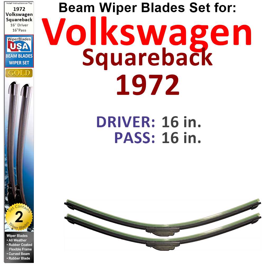 Set of 2 Beam Wiper Blades designed for 1972 Volkswagen Squareback, showcasing their flexible and durable construction.