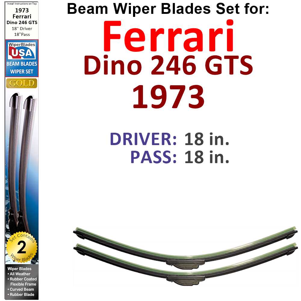 Set of 2 Beam Wiper Blades designed for 1973 Ferrari Dino 246 GTS, showcasing their sleek design and durable construction.