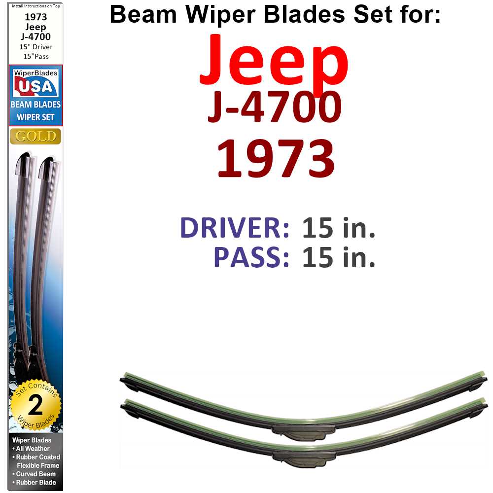 Set of two Beam Wiper Blades designed for 1973 Jeep J-4700, showcasing their flexible and durable construction.