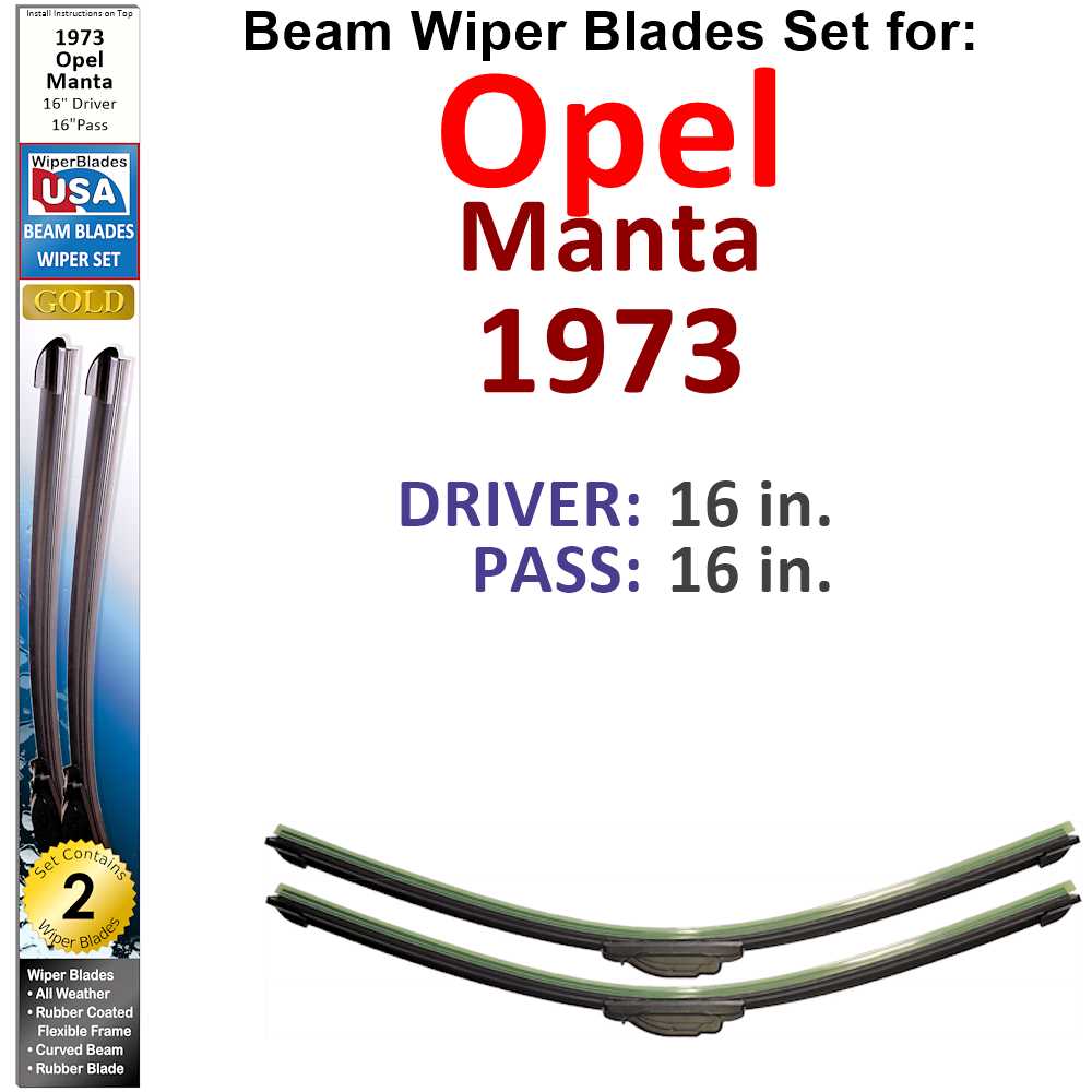 Set of 2 Beam Wiper Blades designed for 1973 Opel Manta, showcasing their sleek design and durable construction.