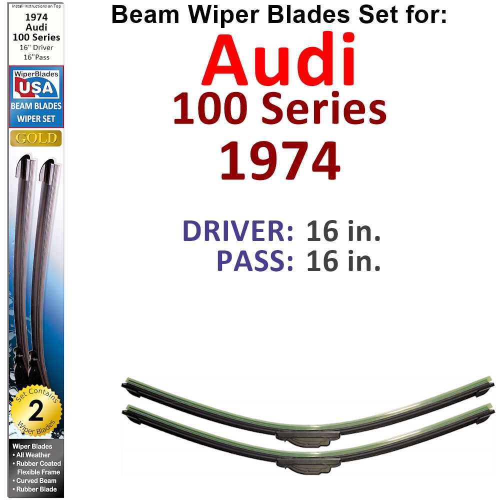 Set of two Beam Wiper Blades designed for 1974 Audi 100 Series, showcasing their flexible and durable construction.