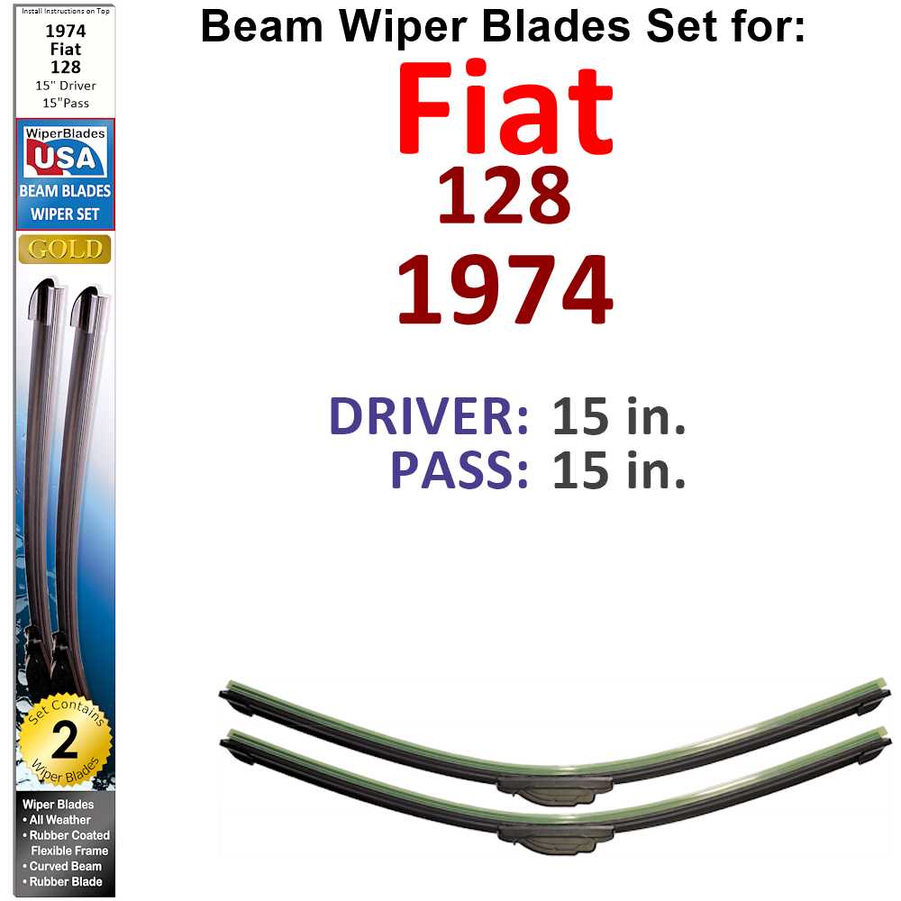 Set of 2 Beam Wiper Blades designed for 1974 Fiat 128, showcasing their flexible and durable construction.