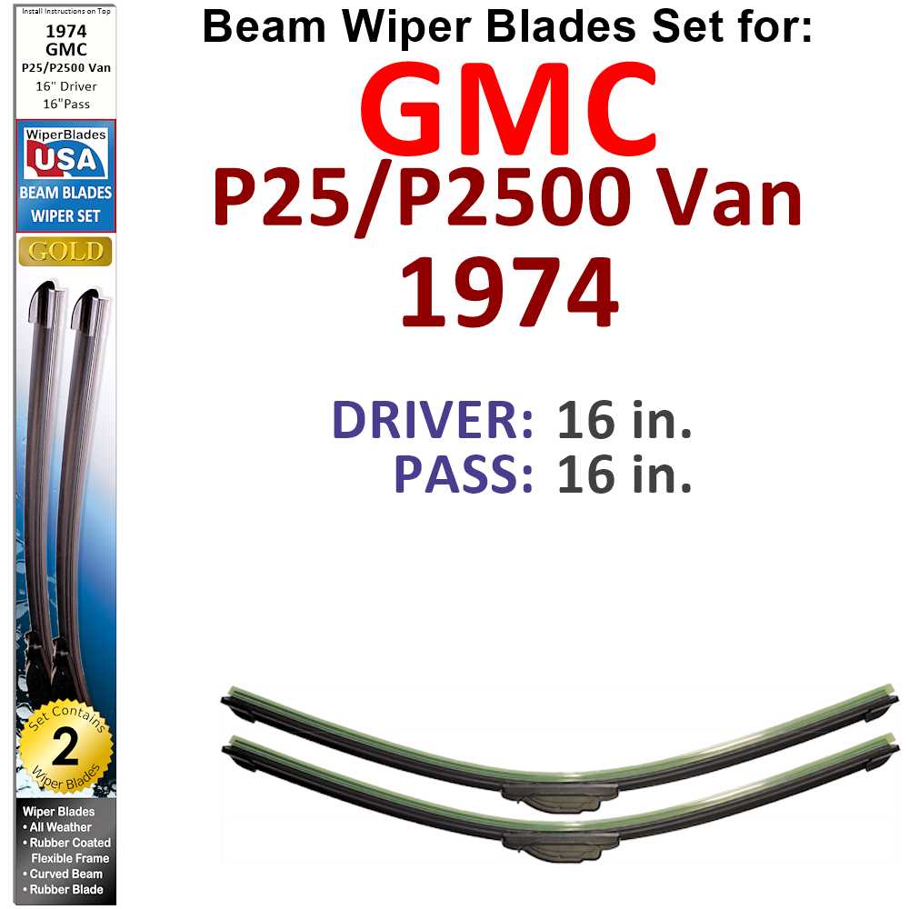 Set of 2 Beam Wiper Blades for 1974 GMC P25/P2500 Van, showcasing their flexible design and durable rubber construction.