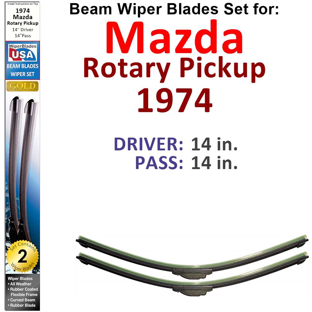 Set of 2 Beam Wiper Blades designed for 1974 Mazda Rotary Pickup, showcasing their flexible and durable construction.