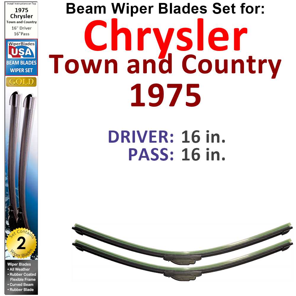 Set of 2 Beam Wiper Blades designed for 1975 Chrysler Town and Country, featuring a sleek low-profile design and durable rubber construction.