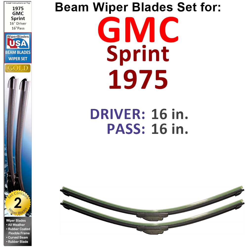 Set of two Beam Wiper Blades designed for 1975 GMC Sprint, showcasing their flexible and durable construction.