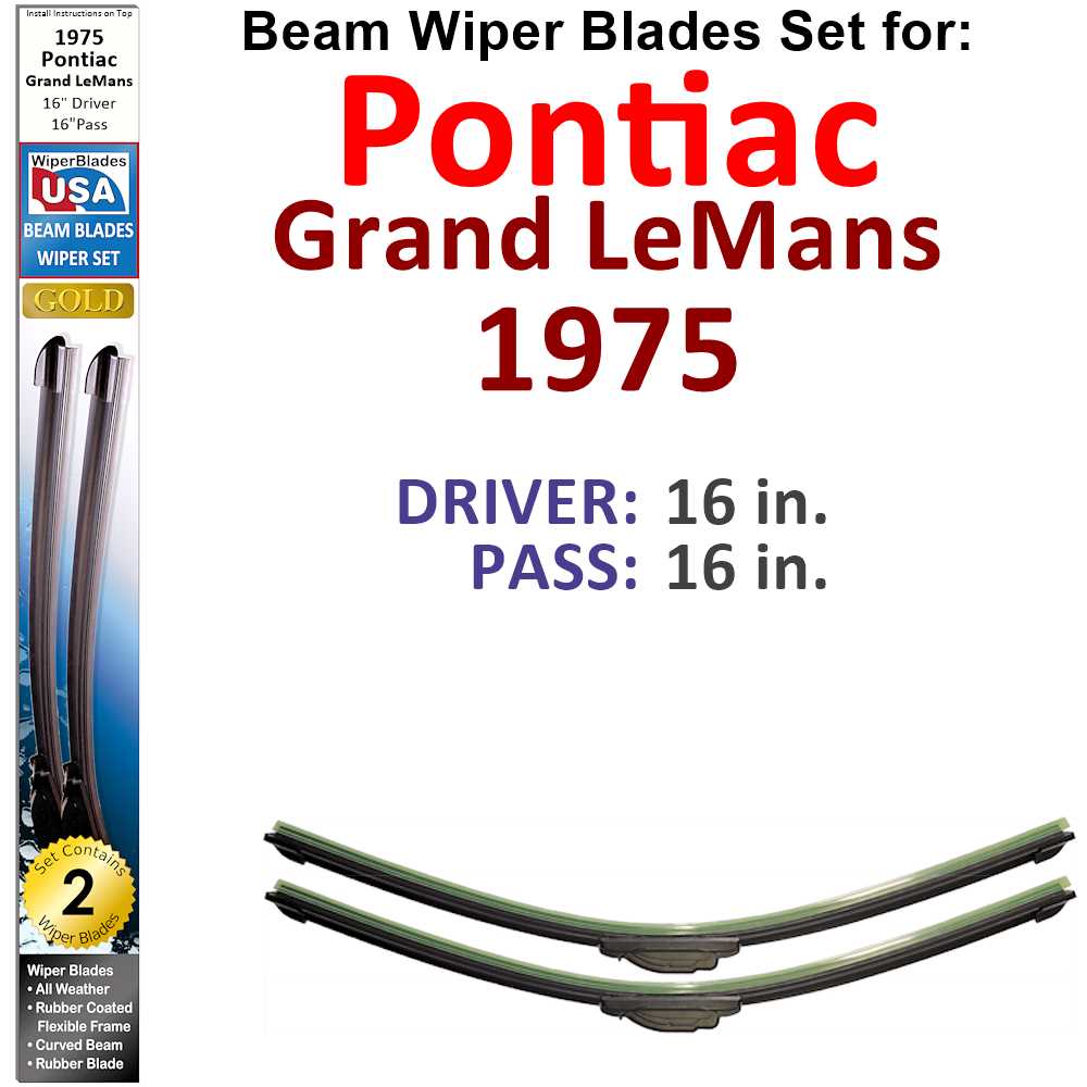 Set of 2 Beam Wiper Blades designed for 1975 Pontiac Grand LeMans, showcasing their flexible and durable design.