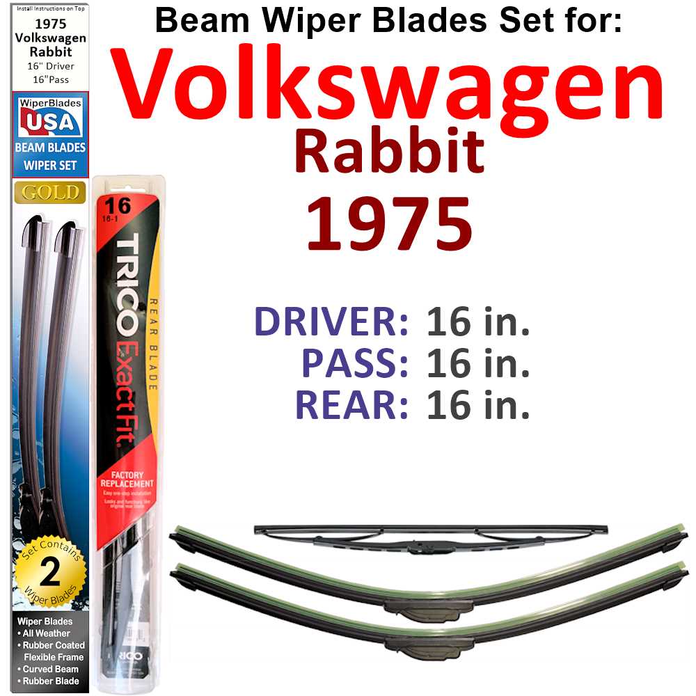 Set of 3 Beam Wiper Blades designed for 1975 Volkswagen Rabbit, showcasing their flexible and durable construction.