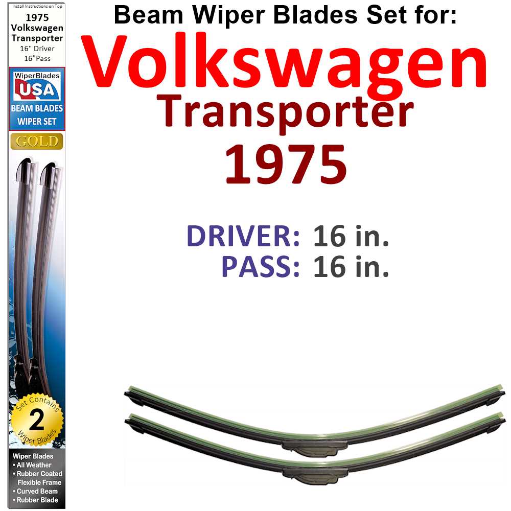 Set of 2 Beam Wiper Blades designed for 1975 Volkswagen Transporter, showcasing their sleek design and durable construction.