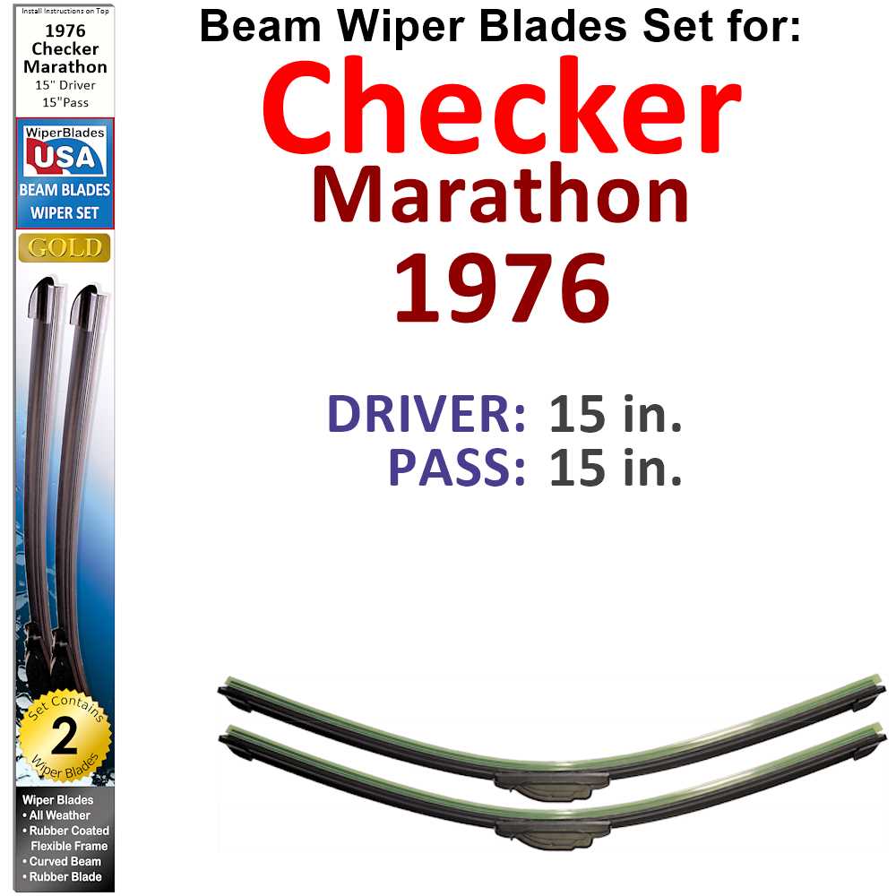 Set of two Beam Wiper Blades designed for 1976 Checker Marathon, showcasing their flexible and durable construction.