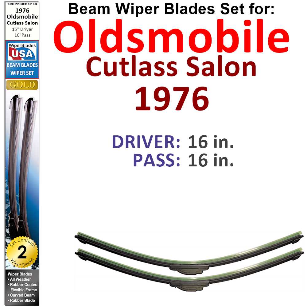 Set of 2 Beam Wiper Blades designed for 1976 Oldsmobile Cutlass Salon, showcasing their flexible and durable construction.