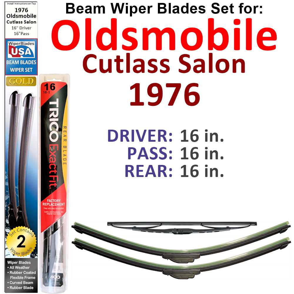 Set of 3 Beam Wiper Blades designed for 1976 Oldsmobile Cutlass Salon, showcasing their flexible and durable design.